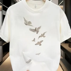 20/1 Penye Compack Özgür kuşlar Baskılı Oversize Bisiklet Yaka T-shirt