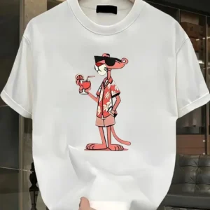 Pembe Panter Baskılı Erkek Oversize Günlük Kısa Kollu Tişört İlkbahar ve Yaz için Mükemmeldir