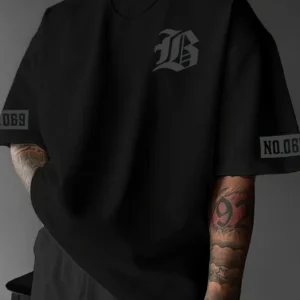 LB Ön Arka Baskılı Oversize Bisiklet Yaka Yazlık T-shirt