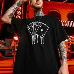 erkek büyük beden Kart baskılı düz renk kısa kollu bisiklet yaka tişört gündelik giyim