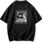 "Neden Bana Bakıyorsun?" Komik Kedi Grafik Tişört - Dijital Baskılı Bol Kesim Streetwear Tişört, Erkekler için Dört Mevsim Günlük Gömlek