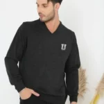 تريكو منسوج مطبوع على شكل حرف V بياقة على شكل حرف V وأكمام طويلة - مدخن