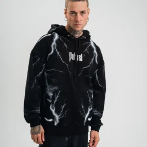 Double Oversize Kapşonlu Şimşek Pano Baskılı SweatShirt