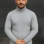 سترة تريكو رجالية بياقة صياد وعنق مرتفع، نسيج قطني سميك مضلع، قصة عادية بأكمام طويلة، موديل شتوي