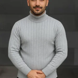 Erkek Balıkcı Yaka Bağazlı Triko Kazak Pamuklu Kalın Fitilli Dokuma, Regular Fit Uzun Kollu Kışlık Model