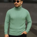 Erkek Balıkcı Yaka Bağazlı Triko Kazak Pamuklu Kalın Fitilli Dokuma, Regular Fit Uzun Kollu Kışlık Model - Mint Yeşili