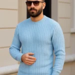 كنزة رجالية من القطن السميك المحبوك، بقصة عادية وأكمام طويلة، موديل شتوي - أزرق فاتح