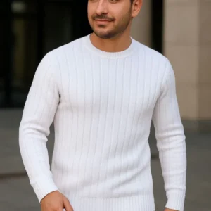 Erkek Bisiklet Yuvarlak Yaka Triko Kazak Pamuklu Kalın Fitilli Dokuma, Regular Fit Uzun Kollu Kışlık Model