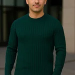 سترة تريكو للرجال بياقة دائرية، منسوجة من القطن السميك المضلع، قصة عادية بأكمام طويلة، موديل شتوي - زيتوني