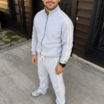 Erkek Çift Şeritli Eşofman Takım Dik Yaka Fermuarlı Sweatshirt Boru Paça Alt, Oversize 3 iplik Pamuklu