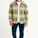 قميص صوف رجالي منقوش - ياقة بنقشة شريط عرقي، أكمام طويلة، بأزرار، قصة فضفاضة كبيرة الحجم - أصفر