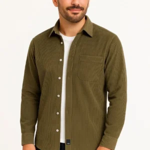 Erkek Fitilli Kadife Cepli Gömlek Oversize Rahat Kalıp - Haki