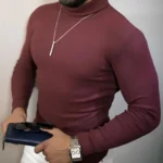 كنزة صوفية رجالية بياقة مدورة كاملة من الليكرا برقبة كاملة - عنابي