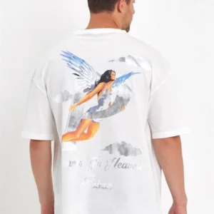 Erkek Melek Baskılı Oversize T-shirt