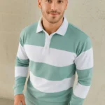 Erkek Polo Yaka Uzun Kollu Çizgili Sweatshirt Trend Rugby Stil - Çağla Yeşili