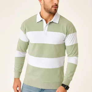 Erkek Polo Yaka Uzun Kollu Çizgili Sweatshirt Trend Rugby Stil - Mint Yeşili