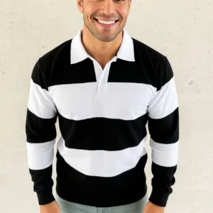 Erkek Polo Yaka Uzun Kollu Çizgili Sweatshirt Trend Rugby Stil