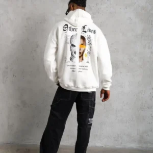Erkek Oversize Üç İplik Şardonlu Kapüşonlu Sweatshirt “Other Lives” Ön ve Arka Baskılı, Kanguru Cepli, Ribanalı Rahat Kışlık Model