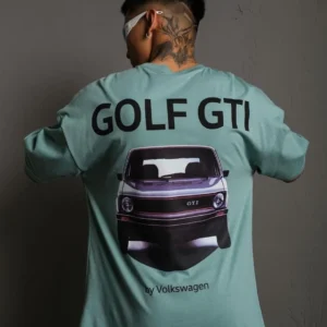 Erkek Oversize Baskılı Tişört – Golf GTI Retro Araba Desenli, Ön & Arka Dijital Baskı, Sokak Modası Stil - Mint Yeşili