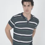 تيشيرت رجالي بقصة ضيقة منسوجة مخططة بياقة - كاكي