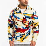 سترة رجالية بولار بنصف سحاب ونقشة مجردة ملونة - ياقة مزخرفة، أكمام طويلة، قصة فضفاضة