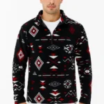 Erkek Yarım Fermuarlı Desenli Polar Sweat Tribal Etnik Desen Yakalı, Uzun Kollu, Oversize Rahat Kalıp,