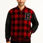 جاكيت جامعي للرجال - قماش من قماش الحطاب بمربعات وأكمام جلدية صناعية وسحاب وبطانة مبطنة ومطرزة كبيرة الحجم بتصميم ربيعي وشتوي - عنابي