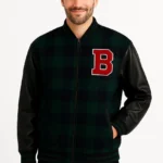 جاكيت جامعي للرجال - قماش من قماش الحطاب بمربعات وأكمام جلد صناعي وسحاب وبطانة مبطنة ومطرزة كبيرة الحجم بتصميم ربيعي وشتوي - كاكي