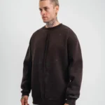 Unisex Bisiklet Yaka Özel Pis Dikişli Yıkamalı SweatShirt - Kahve