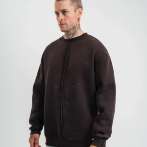 Unisex Bisiklet Yaka Özel Pis Dikişli Yıkamalı SweatShirt - Kahve