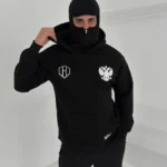 Samuray Ninja Çift Kapşonlu ZIP Fermuarlı Kanguru Çepli Tam Fermuarlı Hoodie ön ve Arka Baskılı Maske Detaylı Swetshirt