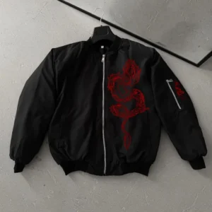 Erkek Unisex Bomber Mont Ejderha Desenli, Fermuarlı Cepli, Kapitone Astarlı Günlük ve Sokak Modası Ceket