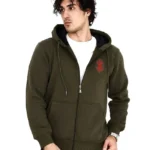 قميص سويت شيرت مطبوع للجنسين بغطاء للرأس مطبوع عليه سحاب كامل - كاكي