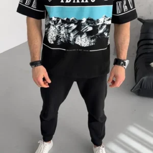 Unisex Baskılı Yarım Fermuarlı T-Shirt