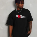 تي شيرت مطبوع بياقة كرو برقبة مزدوجة كبيرة الحجم للجنسين