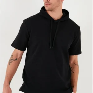 Unisex Kapşonlu Kısa Kol Düz Oversize T-shirt