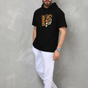 Unisex Kapşonlu Kısa Kol Oversize Baskılı T-Shirt