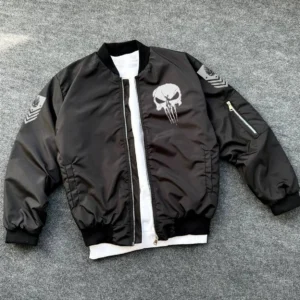 Askeri Tarz Bomber Mont – Unisex, Punisher Skull Detaylı, Fermuarlı, Cepli, Uzun Kollu, Bahar ve Kış Günlük Moda İçin Uygun