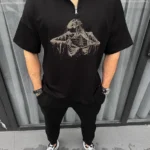 Unisex Yarım Fermuarlı Baskılı Oversize T-Shirt