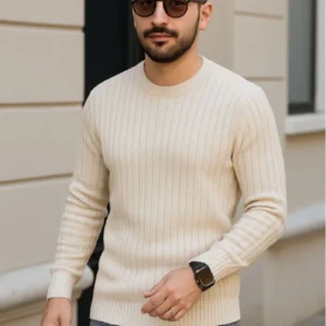 Erkek Bisiklet Yuvarlak Yaka Triko Kazak Pamuklu Kalın Fitilli Dokuma, Regular Fit Uzun Kollu Kışlık Model