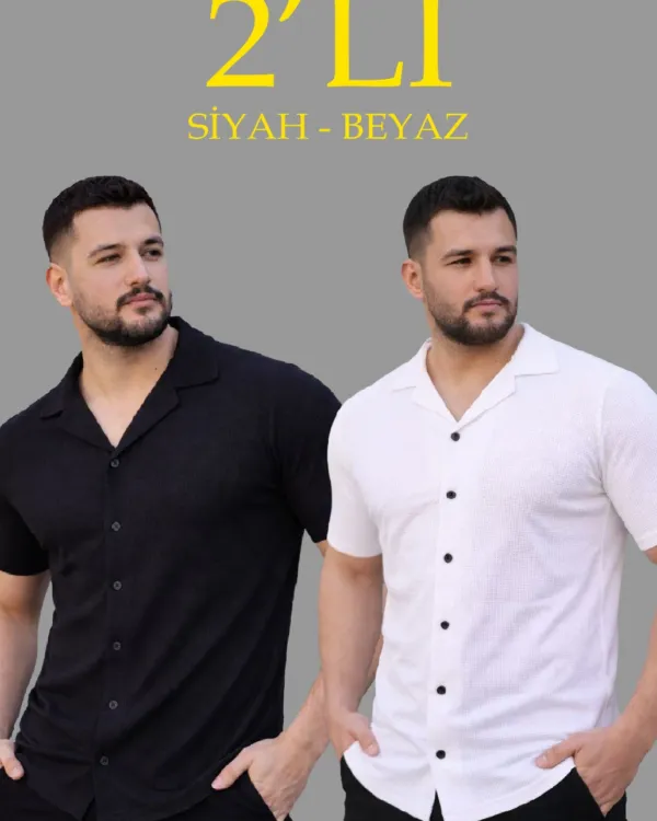 Erkek Waffle Kumaş Açık Yakalı Düğmeli Regular Fit Gömlek 2’li Set Siyah-beyaz