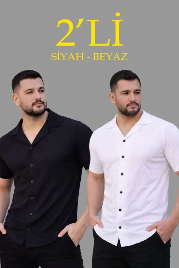 Erkek Waffle Kumaş Açık Yakalı Düğmeli Regular Fit Gömlek 2’li Set Siyah-beyaz Erkek Waffle Kumaş Açık Yakalı Düğmeli Regular Fit Gömlek 2’li Set Siyah-beyaz