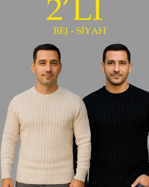 Erkek Fitilli Triko Kazak 2’li Set Bej Beyaz Kalın Dokuma Pamuklu Regular Fit Bisiklet