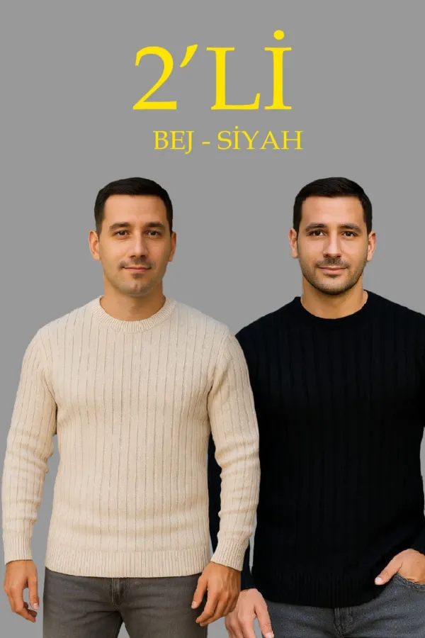 Erkek Fitilli Triko Kazak 2’li Set Bej Beyaz Kalın Dokuma Pamuklu Regular Fit Bisiklet Erkek Fitilli Triko Kazak 2’li Set Bej Beyaz Kalın Dokuma Pamuklu Regular Fit Bisiklet