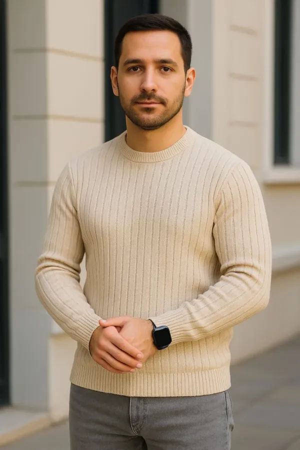 Erkek Fitilli Triko Kazak 2’li Set Bej Beyaz Kalın Dokuma Pamuklu Regular Fit Bisiklet Erkek Fitilli Triko Kazak 2’li Set Bej Beyaz Kalın Dokuma Pamuklu Regular Fit Bisiklet