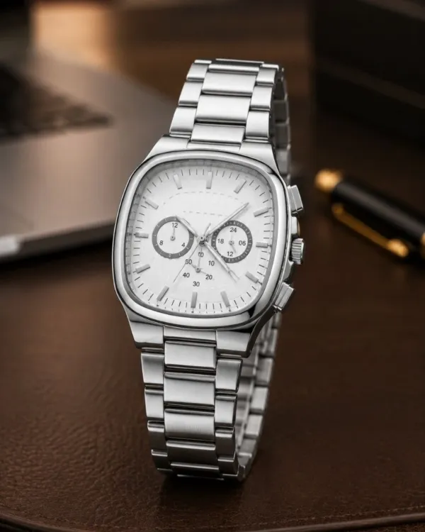 Erkek Gümüş Renk Metal Kordon Analog Kol Saati Çok Fonksiyonlu Beyaz Kadran - Gümüş