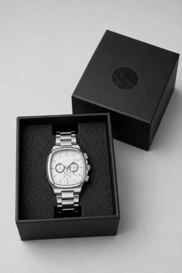 Erkek Gümüş Renk Metal Kordon Analog Kol Saati Çok Fonksiyonlu Beyaz Kadran - Gümüş