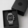 Erkek Gümüş Renk Metal Kordon Analog Kol Saati Siyah Kadran Takvim Göstergeli - Gümüş