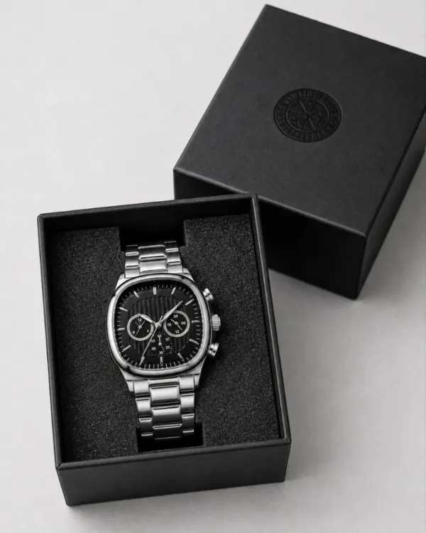 Erkek Gümüş Renk Metal Kordon Analog Kol Saati Siyah Kadran Takvim Göstergeli - Gümüş