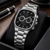 Erkek Gümüş Renk Metal Kordon Analog Kol Saati Siyah Kadran Takvim Göstergeli - Gümüş